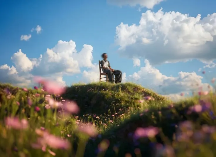 a man sitting on a chair on a grassy hill under a blue sky