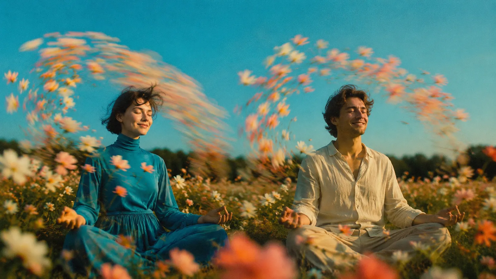 two people sitting in meditation in a field of cosmos flowers, petals sweeping through the air around them
