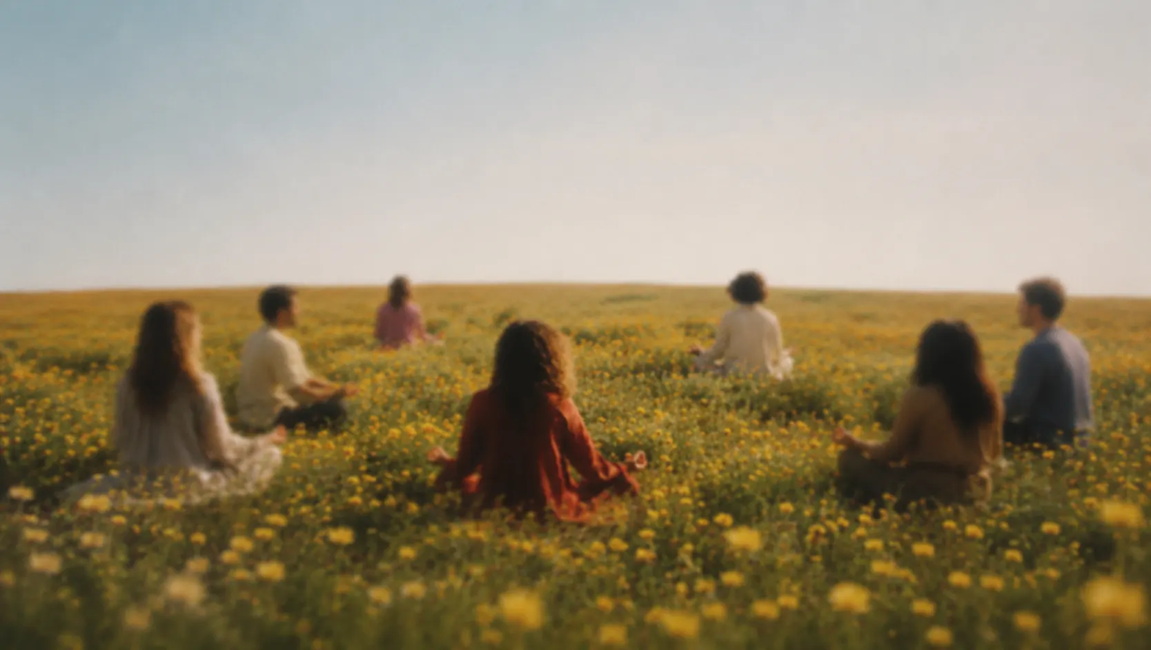 a scattered circle of people sitting in meditation in a field of yellow wildflowers, seen from behind