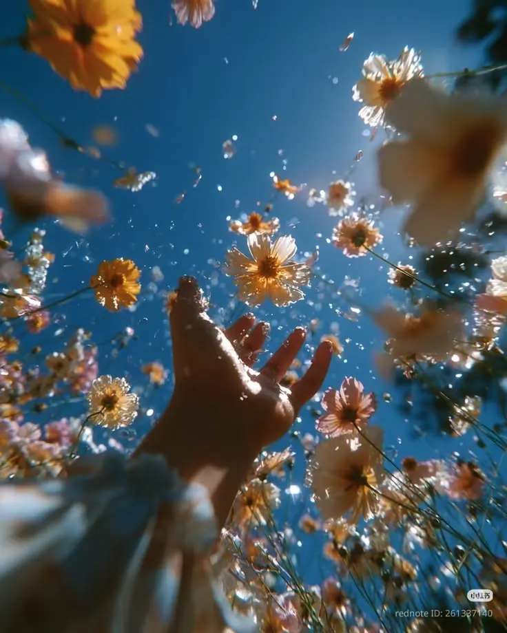 a hand reaching up through wildflowers into a blue sky