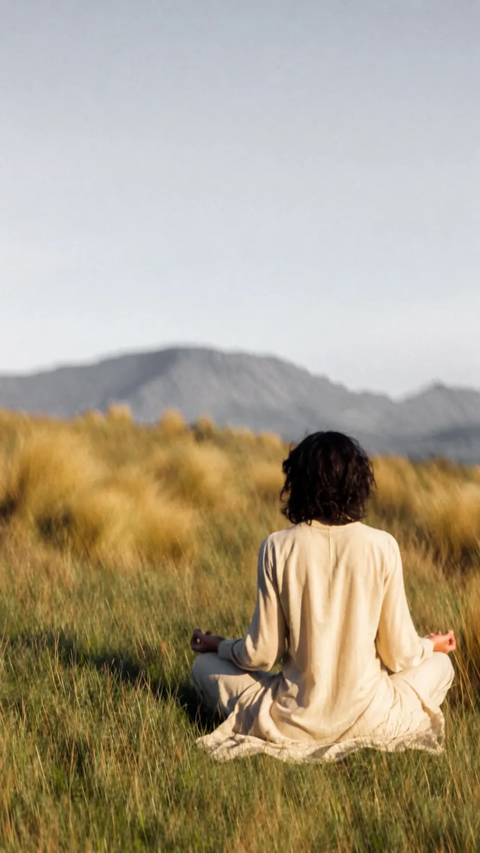 a woman seated in meditation in a mountain meadow, seen from behind